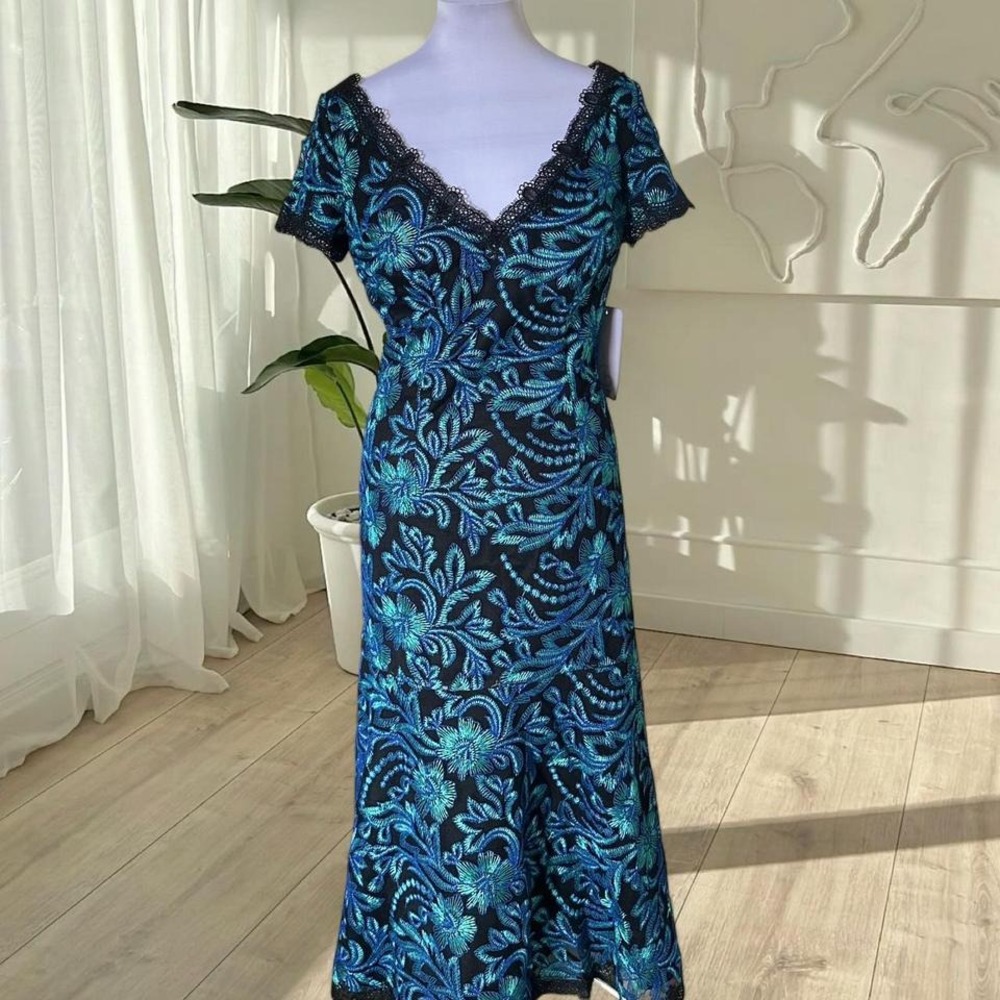 NWT JS Collections Floral Embroidered Lace Cocktail Midi Dress Teal Blue Black - Picture 2 of 8